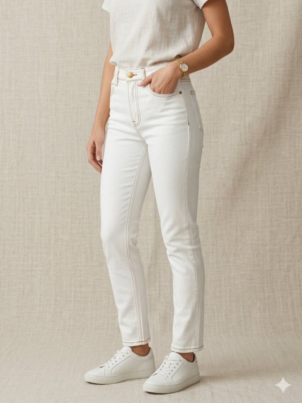 Zara Women's Slim Fit High Rise White Jeans Contrast Brown Stitching Size 0 / 32